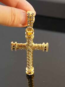 Full Rhinestone Twisted Double-Sided Cylindrical Cross Pendant Necklace, Rhinestone Cuban Chain, Men's Hip Hop Shiny Personalized Party Jewelry - Double-sided Full-diamond 3D Cross - View 5