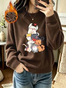 Women's Plus-Size Casual Retro Crew-Neck Knit Pullover Featuring A Cute Cat Graphic Print-A Versatile Top For Everyday Wear In Autumn And Winter. - Brown - View 8