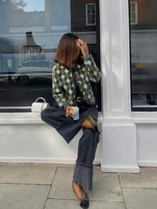 Senya 2026 Women's Diamond Pattern Knit Cardigan, Green-Grey Round Neck Button Sweater, With Pockets, College Style Vintage Comfortable Long Sleeve Autumn/Winter Top - Army Green - View 3
