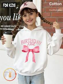 Autumn Winter Girls Fleece Hoodie With Pink Bow And BIRTHDAY Girl Print Y2K - White - View 3