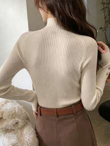 Women's Semi-High Neck Base Layer Sweater, Autumn/Winter - Apricot - View 8