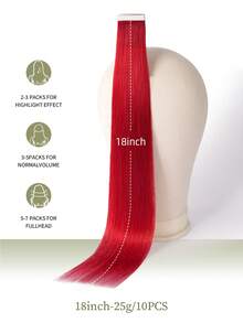 DNE HAIR 10pcs Tape In 100% Human Hair Extensions Red Color 25g 18inch Silky Seamless Invisible Highlight Colorful Hairpieces Rainbow Hair Extension Top Quality Thick Ends Healthy And Long Lasting Human Hair Extensions Invisible Tape In For Womean/Girls - SRed - View 2