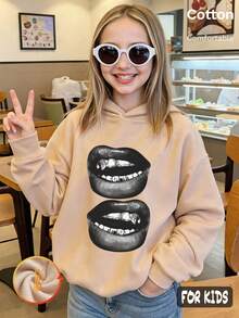 Autumn Winter Girls Fleece Hoodie With Black Lips Print On White, Long Sleeve Y2K - Apricot - View 2