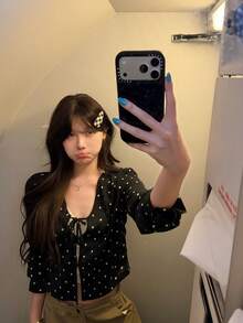 Korean Style Polka Dot V-Neck Tie-Front Short Cardigan Jacket, Women's Early Autumn New Knit Top - Black - View 8