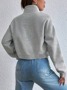 Women's Grey Knit Short Jacket, Stand Collar Zipper Pockets, Long Sleeve Casual Autumn Outerwear - Light Grey - View 7