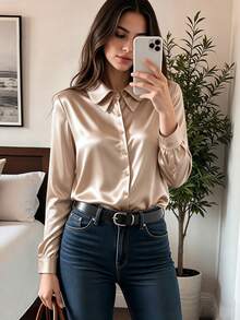 Women's Casual Vacation Daily Commute Office Solid Color Double Collar Business Blouse Top - Champagne - View 1