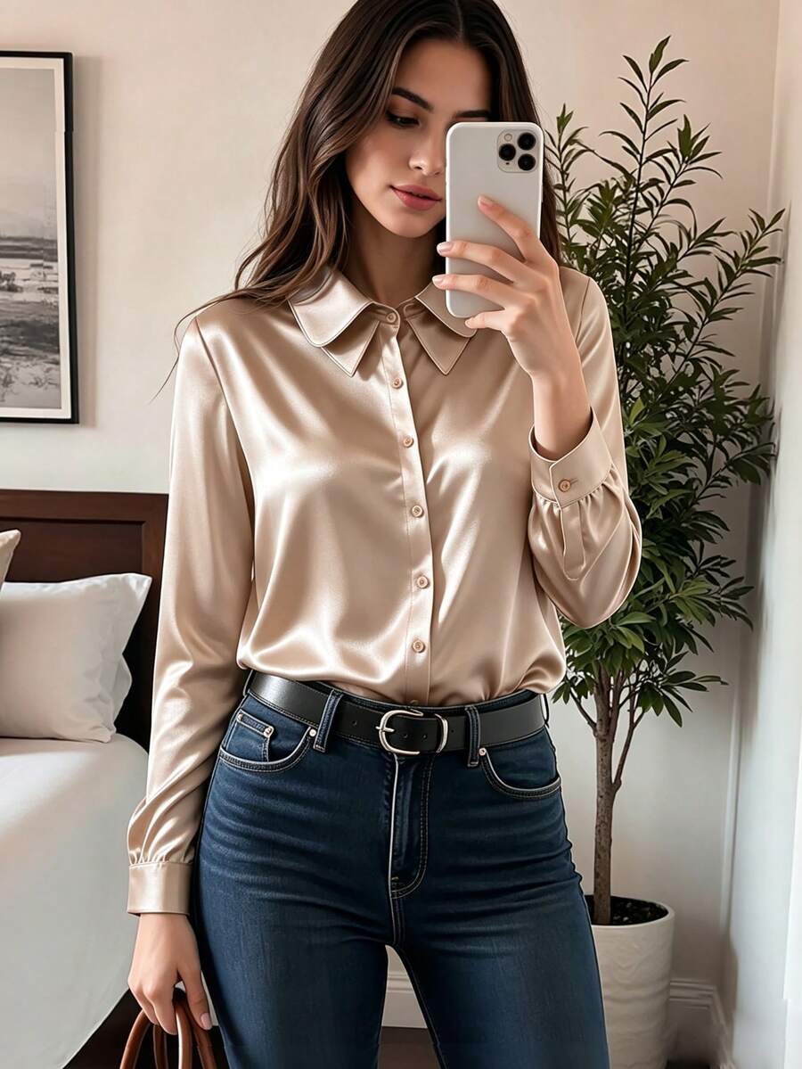 Women's Casual Vacation Daily Commute Office Solid Color Double Collar Business Blouse Top - Champagne - View 1