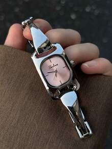 1PC Women Silver Tone Tapered Geometric Link Quartz Bracelet Watch With Pink Rounded Rectangular Dial Minimalist Markers Vintage Elegant Gift - Silver - View 1