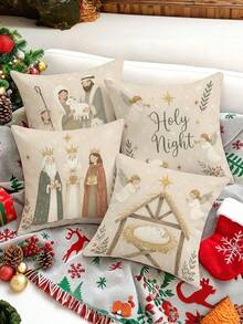 4pcs/1pc Nativity Scene Christmas Throw Pillow Covers, Holy Night Jesus Birth Pattern Cushion Covers, Christmas Home Decor, Room Decor, Home Decor, Christmas Decorations For Sofa Bedroom Living Room, Pillow Insert Not Included - Multicolor - View 6