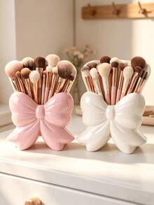 1pc Cute Bow Makeup Brush Holder, Elegant Ribbon Bow Cosmetic Storage Box, Vanity Desktop Decor Storage Bucket, Skincare Lipstick Pencil Holder, Cute Bedroom Vanity Decor Accessory, Home Decor Gift - A - View 5