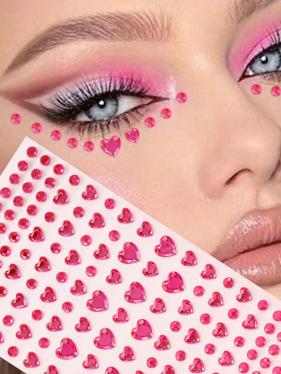 1pc Multi-Grain Rose Red Heart 3D Faux Rhinestone Face Decor Stickers, DIY Festival Gift, Music Festival Party Makeup Ball Hair Face Body Decoration - Pink - View 1