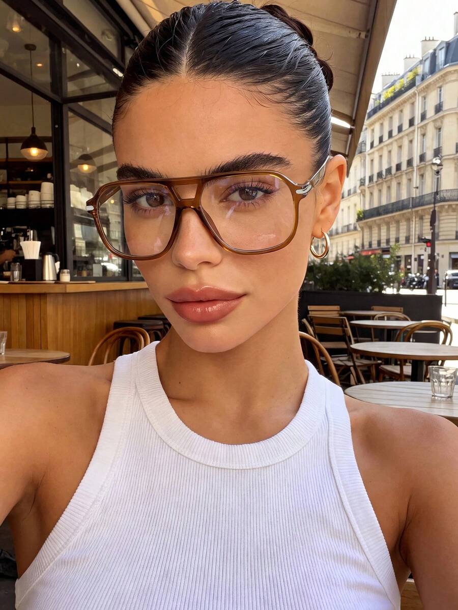 1 Pair Women's Rectangular Large Frame Brown Tone Fashion Personalized Non-Prescription Glasses, Suitable For Back To School, Daily Life, Office And Other Occasions, Fits All Face Shapes, Can Be Used As Decoration - Chaping - View 1
