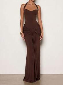 Elegant Summer Sexy Fashion Halter Backless Brown Ruched Long Maxi Bodycon Dress Evening Party Dress - Brown - View 8