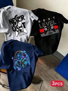 3pcs Tween Boy Popular Graphic Print Crew Neck Short Sleeve T-Shirt, Suitable For Daily Wear, School, Street Style, Fashionable Summer Top, Aesthetic - Black - View 1
