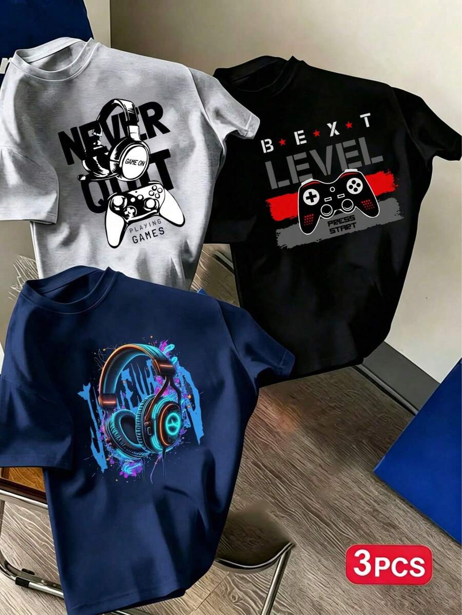 3pcs Tween Boy Popular Graphic Print Crew Neck Short Sleeve T-Shirt, Suitable For Daily Wear, School, Street Style, Fashionable Summer Top, Aesthetic - Black - View 1