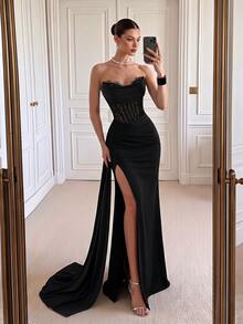 ADYCE Elegant Strapless Lace Patchwork Boned High Waist Tie Back High Slit Train Long Evening Gown, Suitable For Prom, Formal Dinner, Homecoming Party, Wedding, Autumn Style - Black - View 3