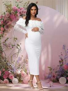 JustVH Maternity Floral Off-Shoulder Long Sleeve Midi Dress, Suitable For Baby Shower And Gender Reveal Party - White - View 4