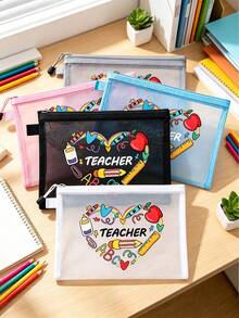 Cute Teacher Heart Pattern Mesh Zipper Storage Pouch, Portable Travel Makeup & Stationery Organizer Bag, Ideal Thank You Gift For Teachers - Multicolor - View 2