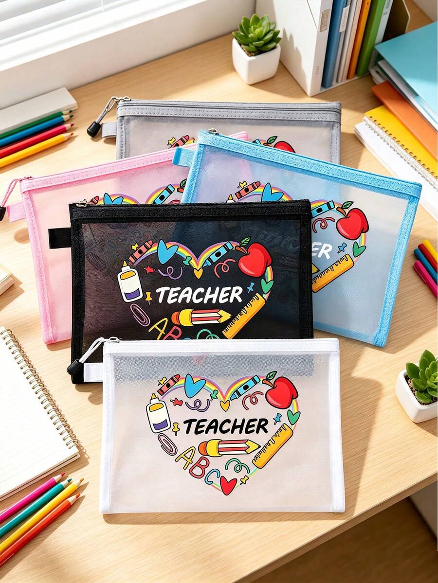 Cute Teacher Heart Pattern Mesh Zipper Storage Pouch, Portable Travel Makeup & Stationery Organizer Bag, Ideal Thank You Gift For Teachers