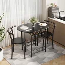 Juego de Mesa de Comedor Negro 80x53.3x75.4 cm| Juego de 3 Piezas con Mesa Ovalada y 2 Sillas| Marco de Metal con Estante para Vino Integrado| Diseño que Ahorra Espacio para Cocina y Apartamento| Fácil de Armar - Negro - Ver 1
