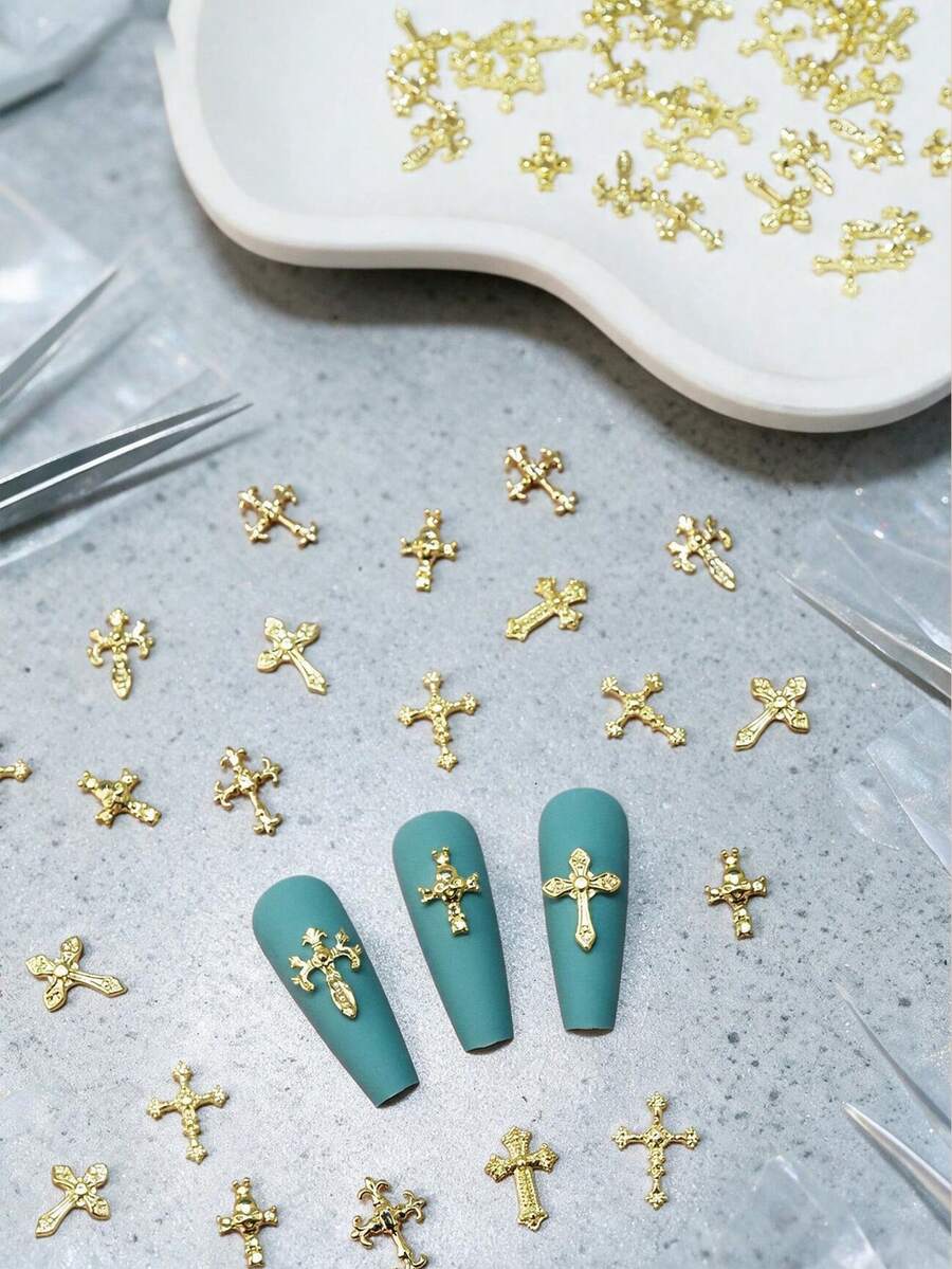 A Mixed Set Of 60 Punk-Style Cross Nail Charms Featuring Diverse Designs For Creative Mixing And Matching-The Ideal Choice For "Cool Girls" Looking To Create Y2K-Inspired Nail Art. - Gold - View 1