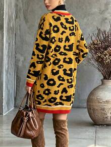 Women's Autumn/Winter V-Neck Colorblock Leopard Print Jacquard Loose Casual Versatile Mid-Length Knit Cardigan - Multicolor - View 3