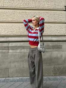 ZAHM Women's Loose Cropped Color Block Long-Sleeve Knit Top With Red, White And Blue Striped Polo Collar - Multicolor - View 4