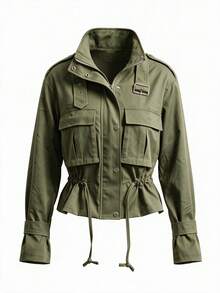 Women's Autumn/Winter Multi-Color Stand Collar Long Sleeve Zipper Cropped Jacket, Utility Stand Collar Waist-Defining Coat, Suitable For Daily Commute - Army Green - View 6