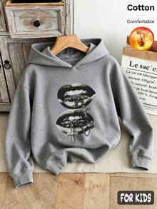 Autumn/Winter 3 Pieces Set Girls Hooded Fleece Sweatshirt Long Sleeve Big Lips Print With Teeth Detail Y2K Style - Heather Gray+Heather Gray+Heather Gray - View 2