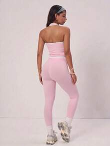 PinkTip Women's Halter Neck Colorblock Yoga Set, High Waist Tight Leggings & Sports Tank Top 2 Pieces Set - Pink - View 6