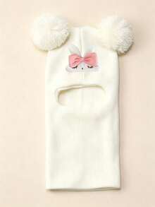 1Pc Children 1‑8Y Winter Knit Balaclava Helmet Hat, Cute Sleeping Rabbit , Two Big Fluffy Pom Pom Balls, Full Neck Cover Warm Keeping For Outdoor Use - Multicolor - View 3