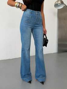 Women's High Waist Front Patch Pocket Flared Jeans - Baby Blue - View 3