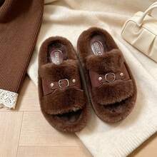 Women Fuzzy House Slippers, Plush Open‑Toe Slides With Metal Buckle, Thick Sole Warm Indoor Home Slippers For Fall Winter - Coffee - View 7