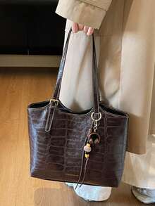 Fashionable Large Capacity Tote Bag Retro Crocodile Embossed Shoulder Bag With Pendant Suitable For Commute Daily Used Dating Shopping - Coffee - View 6