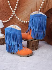 Girls' Children's Short Mid-Calf Boots, Glitter Embroidered Tassel High Heel Western Boots, Color Block Round Toe Side Zipper - Orange - View 2