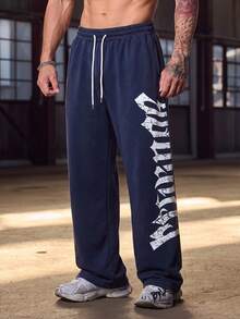 MAISONFOX Men's Letter Print Drawstring Waist Straight Leg Long Casual Pants, Suitable For Outings, Parties, Back To School, Sports, Fitness, Autumn Wear - Navy Blue - View 7