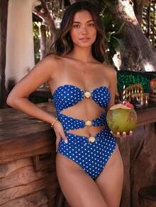Maillot de bain une pièce sans bretelles avec découpes, à pois blancs sur fond bleu, 1 pièce maillot de bain une pièce élégant et décontracté pour les fêtes de vacances à la plage - Multicolore - Voir 3