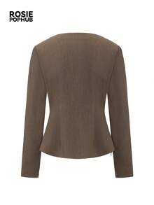 ROSIE POPHUB Women Brown Square Neck Long Sleeve Peplum Blouse, Floral Metal Button Decor Side Invisible Zipper Elegant Office Commute Fall Winter Top - Coffee Brown - View 8
