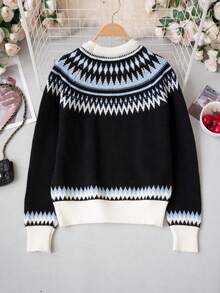 Fair Isle Black Loose Knit Sweater, Autumn/Winter Women's Korean Vintage Slouchy Stand Collar Slimming Pullover Top, Christmas Outfit - Black - View 8