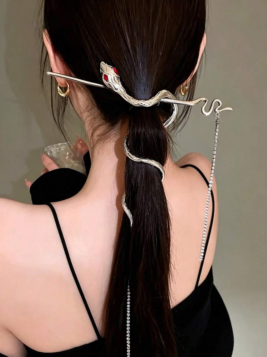 2pcs/Set Silver Glossy Snake Texture Rhinestone Chain Hair Sticks Combination, Women's Unique Niche Back Head Bun Metal Hair Accessories