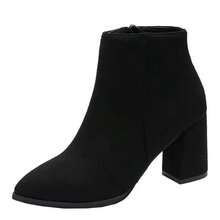 Pointed Toe Chunky Heel Ankle Boots Black Suede Side Zipper Slim Fit High Heel Fashion Boots - Black - View 5