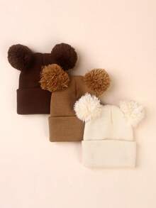 3pcs Infant Toddler Kids Knitted Double Pom-Pom Ear Ion Beanies, Thin & Warm, Solid Color, Versatile, Suitable For Spring, Autumn, Winter - Multicolor - View 8