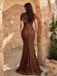 Fall Winter Elegant Asymmetrical Draped Short Sleeve Floral Lace Maxi Dress, Solid Color Ruched Bodycon Mermaid Long Gown For Wedding Party Festival - Coffee Brown - View 3
