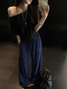 Women's Autumn/Winter Fashion Loose Fit Versatile Corduroy Drawstring Waist Casual Long Pants - Navy Blue - View 2