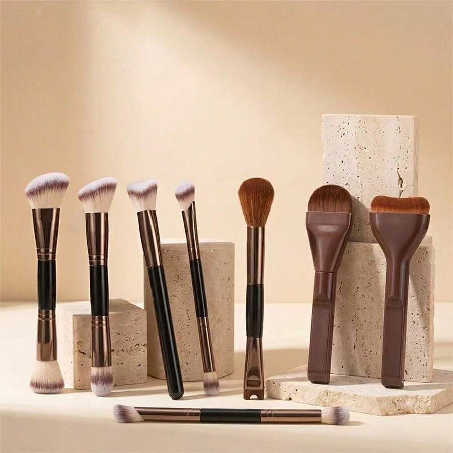 8pcs Brown Makeup Brush Set Soft Bristle Foundation Brush Powder Brush Eyeshadow Blush Brush Beginner Full Set - Coffee Brown - View 1