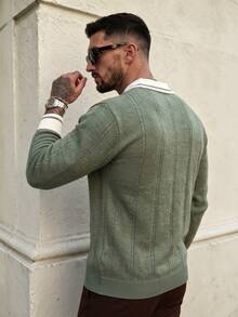 Lookun Men's Knitted Polo Collar Loose Fit Minimalist Casual Commute Patchwork Sweater, Autumn/Winter - Green - View 3