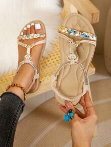 Women's Beige Vintage Suede T-Strap Back Strap Elastic Flat Sandals - Beige - View 3