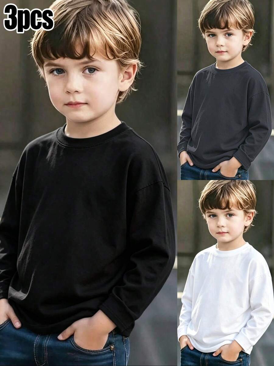 3pcs/Set Boys Long Sleeve T-Shirts, Basic Crew Neck Black Gray White Set, Spring/Autumn - Multicolor - View 1