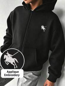 Minimalist Street Style Boys Full Zip Hooded Jacket, Vintage Samurai Rider Embroidery Chest Decor, Soft Autumn/Winter Campus Top - Black - View 1