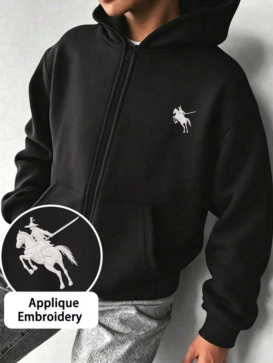 Minimalist Street Style Boys Full Zip Hooded Jacket, Vintage Samurai Rider Embroidery Chest Decor, Soft Autumn/Winter Campus Top - Black - View 1
